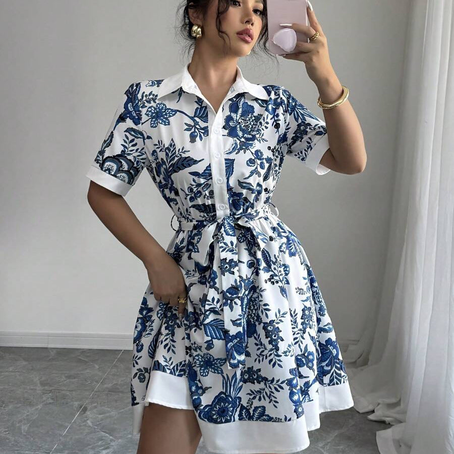 Damen Hemdblusenkleid mit floralem Muster und Taillengürtel Drune