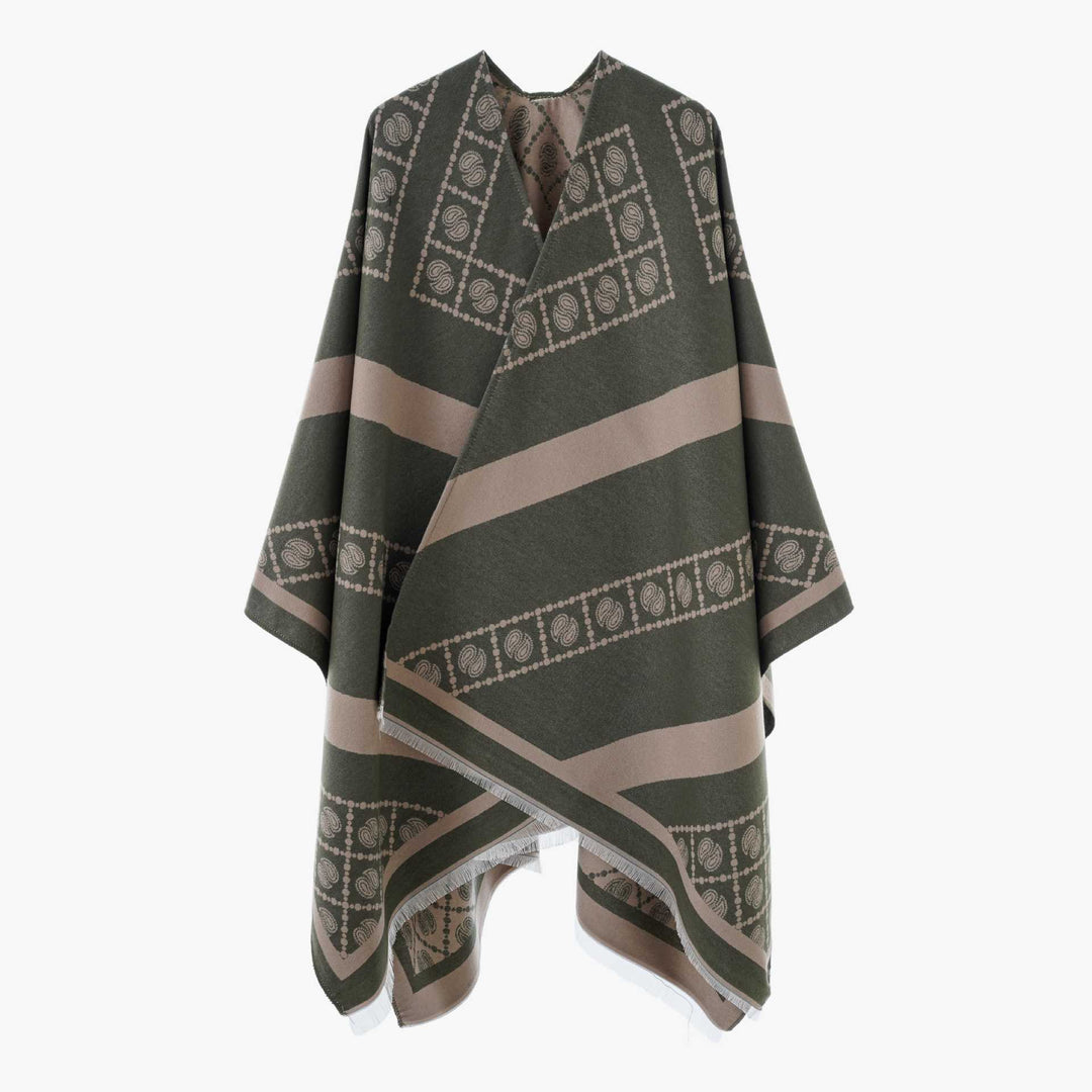 Damen Jacquard-Überwurf im Cape‑Stil mit Paisley‑Bordüre und Fransen Drune