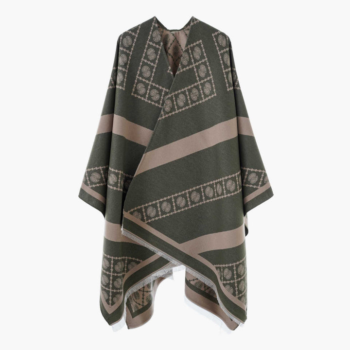 Damen Jacquard-Überwurf im Cape‑Stil mit Paisley‑Bordüre und Fransen Drune