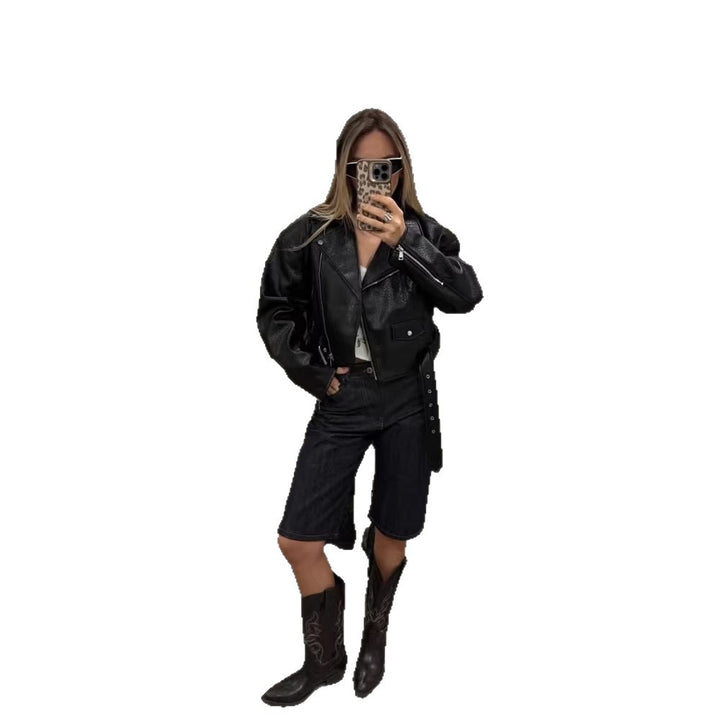 Damen Kurze strukturierte Bikerjacke aus Lederimitat Drune
