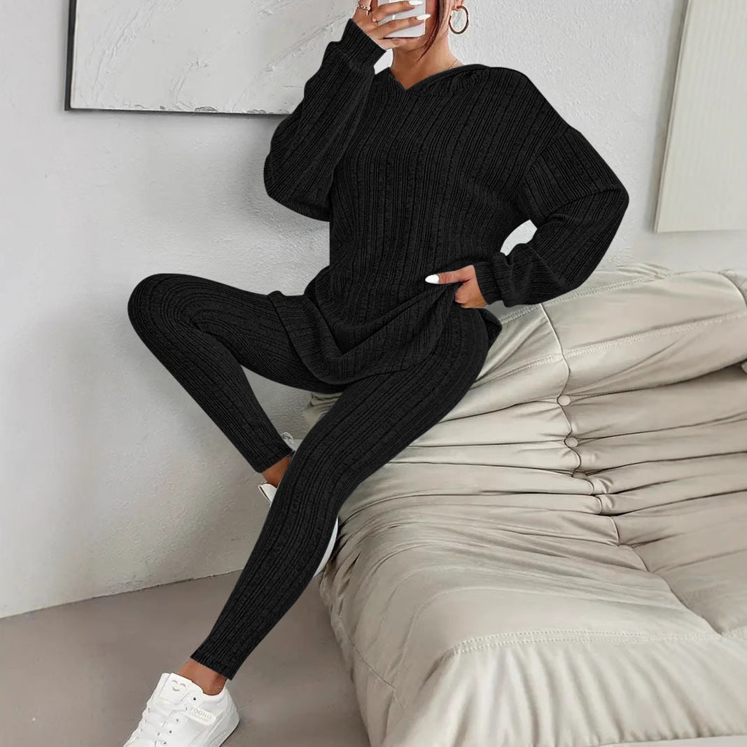 Damen Gerippter Lounge-Set aus Strick mit Oversize-Kapuzenpullover und High-Waist-Leggings Drune