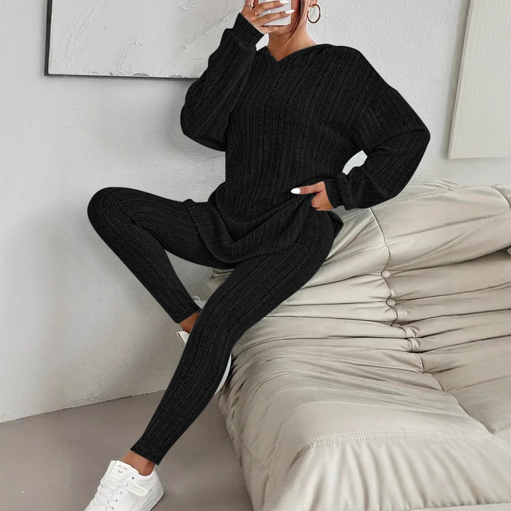 Damen Gerippter Lounge-Set aus Strick mit Oversize-Kapuzenpullover und High-Waist-Leggings Drune