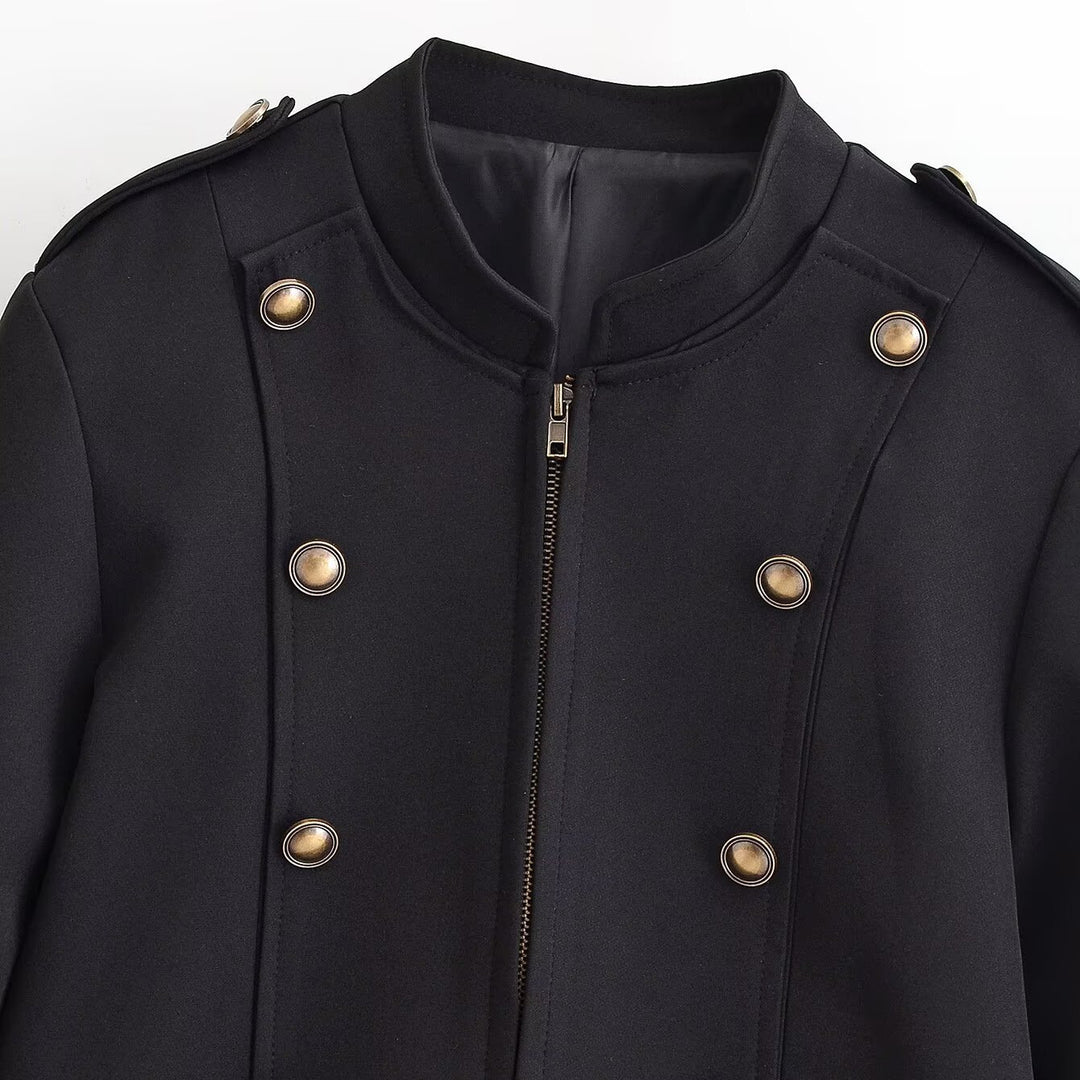 Damen Kurzblazer im Military-Look mit Stehkragen, Zierknopfreihe und Reißverschluss Drune