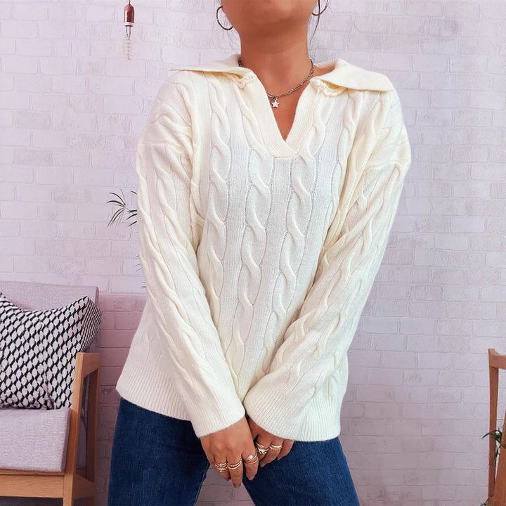 Damen Grobstrickpullover mit farbenfrohem Zopfdesign und klassischem Kragen Drune