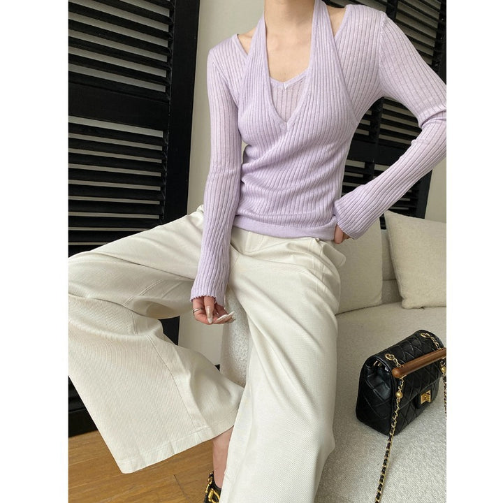 Damen eleganter V-Ausschnitt Strickpullover mit stylischen Cut-Outs Drune