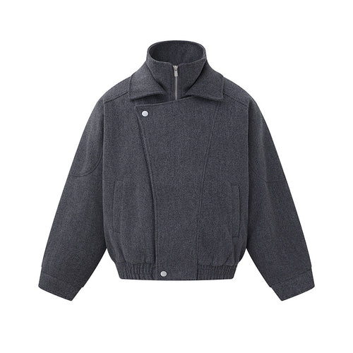 Herren Boxy Wollmix-Blousonjacke mit asymmetrischem Doppelverschluss und hohem Stehkragen Drune