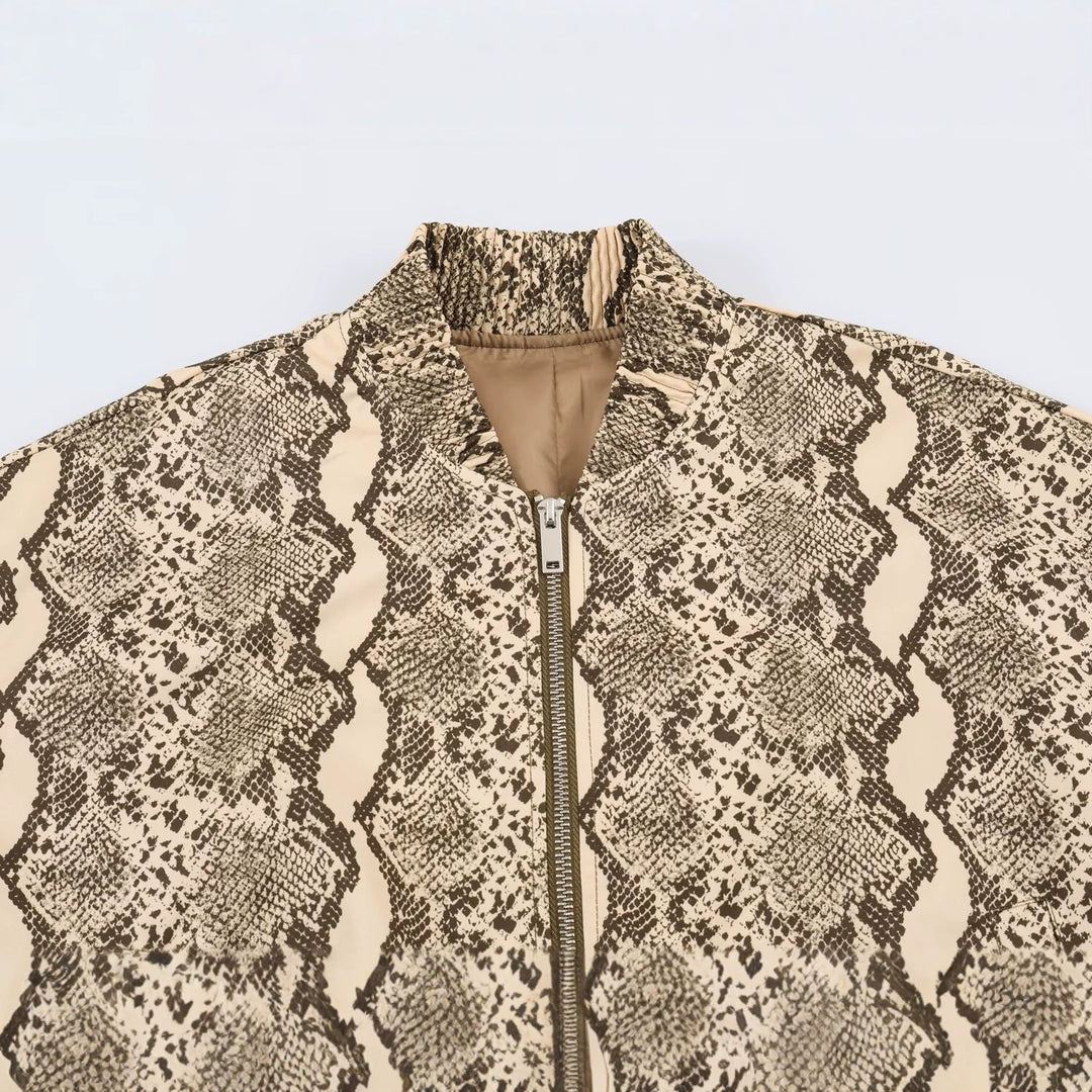 Damen Leichte Bomberjacke mit Schlangenprint, Reißverschluss und elastischem Saum Drune