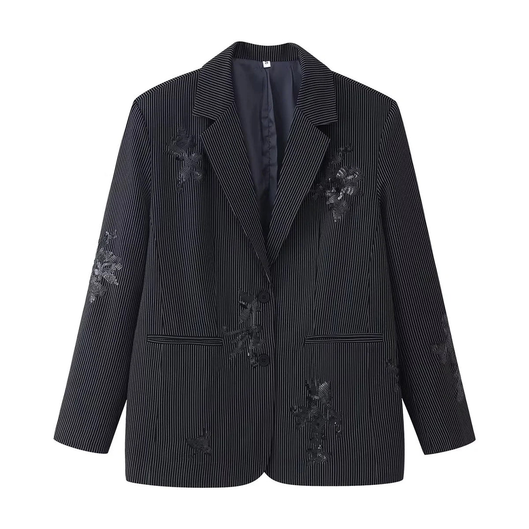 Damen nan legerer Ein-Knopf-Blazer im Nadelstreifen mit floraler Pailletten-Applikation Drune