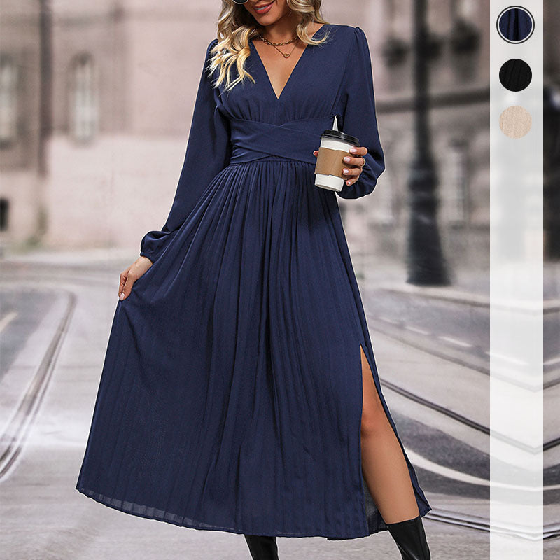 Damen Langes Viskose-Maxikleid mit Wickel-Taille, tiefem V‑Ausschnitt und hohem Beinschlitz Drune