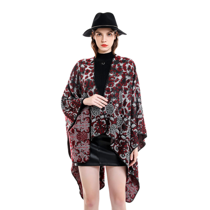 Damen Jacquard-Überwurfponcho im kastigen Kimono-Fall mit floral-animalischem Muster Drune