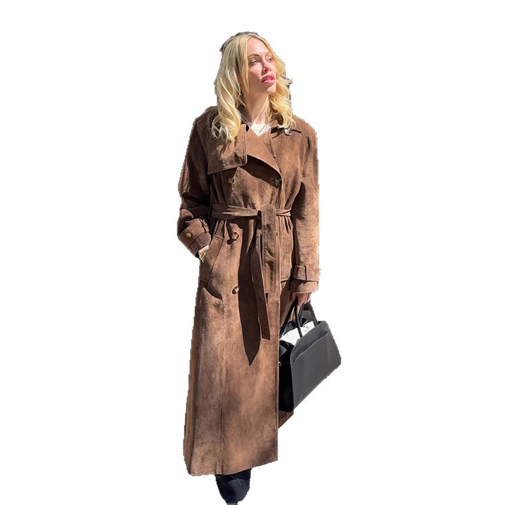 Damen Maxilanger Veloursleder‑Trenchcoat mit Bindegürtel Drune