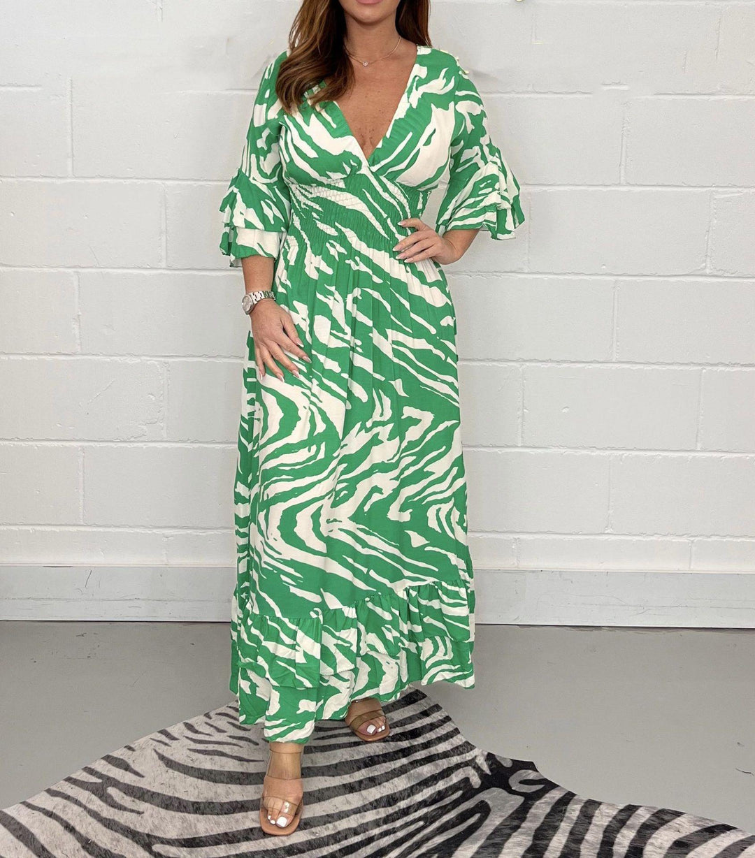 Damen Maxikleid mit V-Ausschnitt und Schößchen Drune