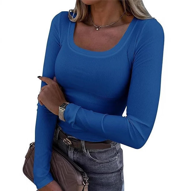 Damen Figurnahes geripptes Longsleeve mit weitem Quadratausschnitt und Stretch-Material Drune