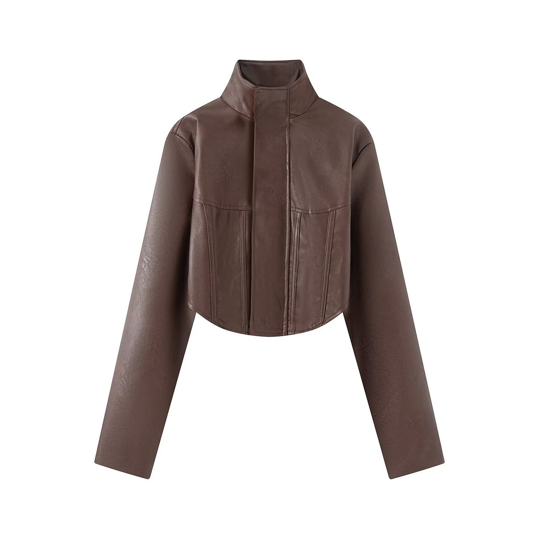 Damen Kurze Lederoptik-Jacke mit Korsagennaht und Stehkragen Drune