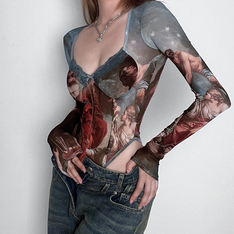 Damen Spitzen-Bodysuit mit verführerischem V-Ausschnitt und süßen Rüschendetails Drune