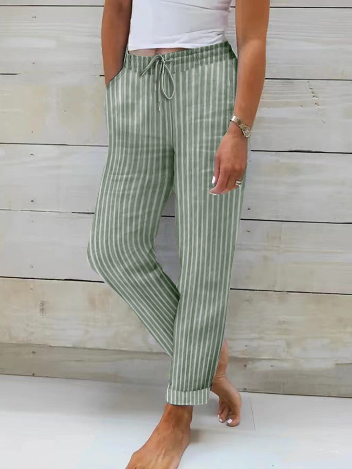 Damen entspannte Baumwoll-Streifenhose mit verstellbarem Bund Drune