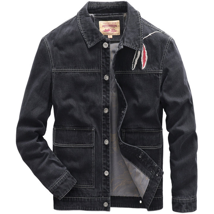 Herren Jeans-Truckerjacke mit Stickdetail und aufgesetzten Taschen Drune