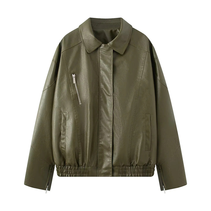 Damen nan oversized Kunstleder-Bomberjacke mit elastischem Saum und schräger Reißverschlusstasche Drune