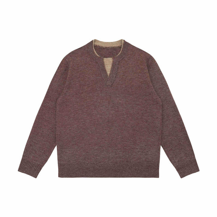 Unisex Grobgestrickter Pullover mit V-Notch Ausschnitt und kontrastierter Innenblende Drune
