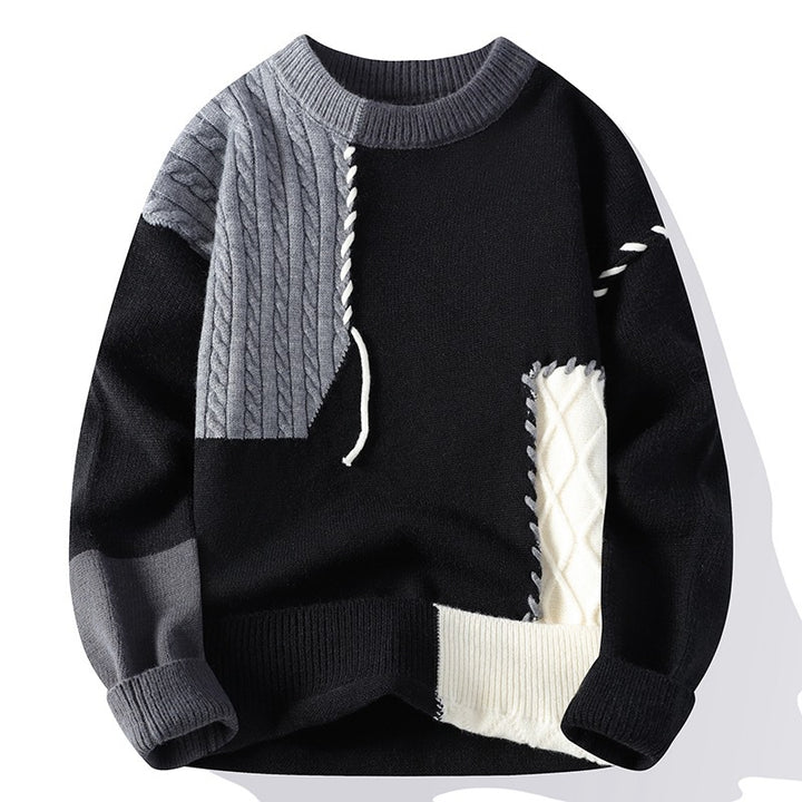 Unisex Patchwork-Strickpullover mit Zopfmuster-Applikationen und Rippabschlüssen Drune
