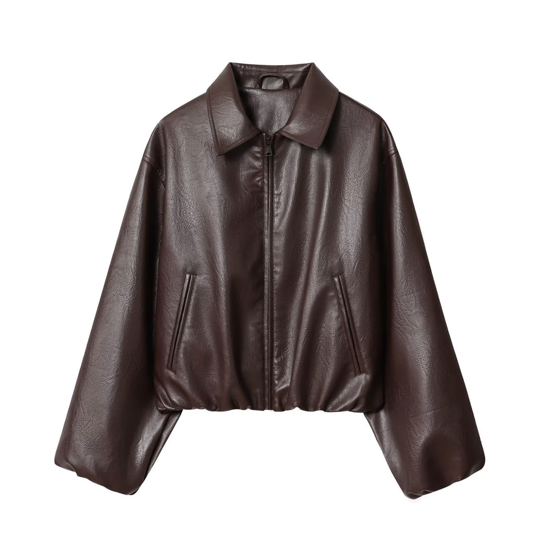Damen Kurzjacke im Boxy‑Look aus veganem Leder mit verdecktem Reißverschluss Drune