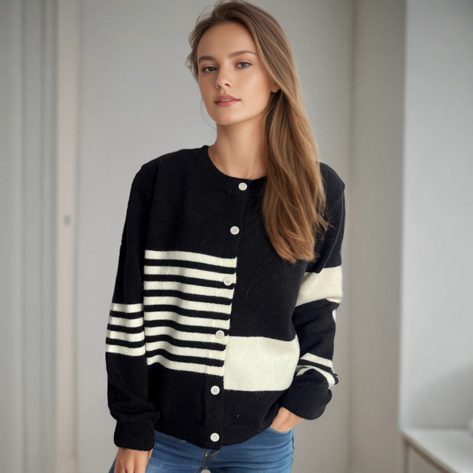 Damen lässige Strickjacke mit kontrastierenden Streifen und eleganten Knopfdetails Drune