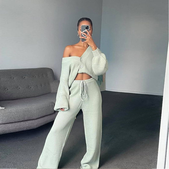 Damen geripptes Strick-Zweiteiler Set mit Cropped-Cardigan, Kordelzug-Hochbundhose und Komfortpassform Drune