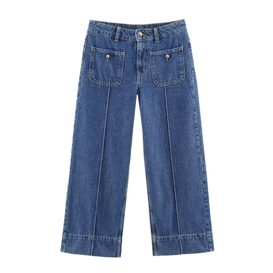 Damen Weite High‑Waist Jeans mit aufgesetzten Fronttaschen und Kantennaht Drune