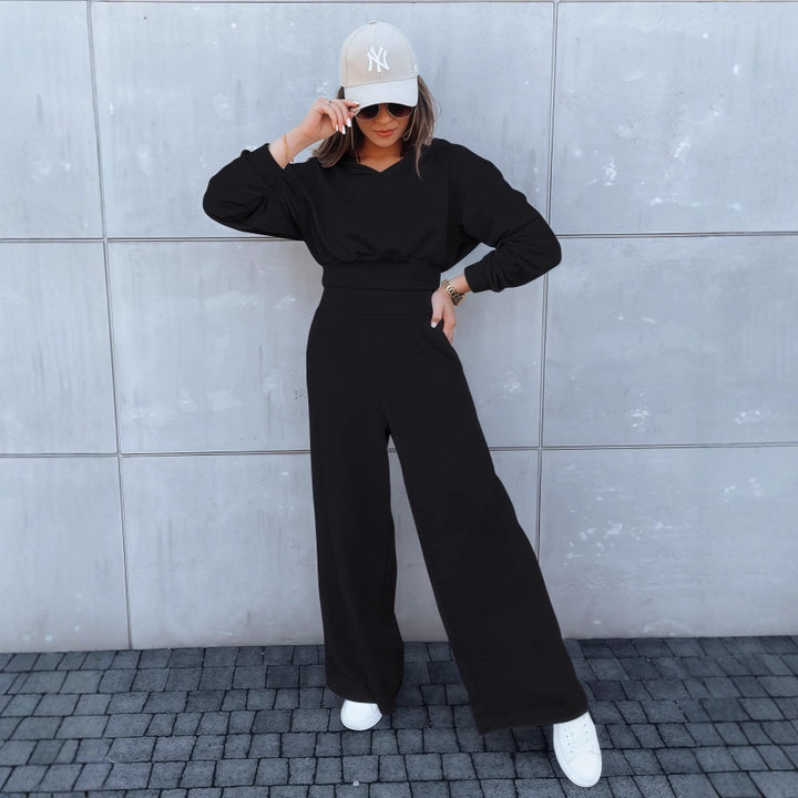 Damen Loungewear-Set mit Cropped V‑Ausschnitt-Pullover und hochtaillierter Palazzohose Drune