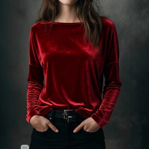 Damen Feines Velours-Langarmshirt mit U-Boot-Ausschnitt und kastiger Silhouette Drune