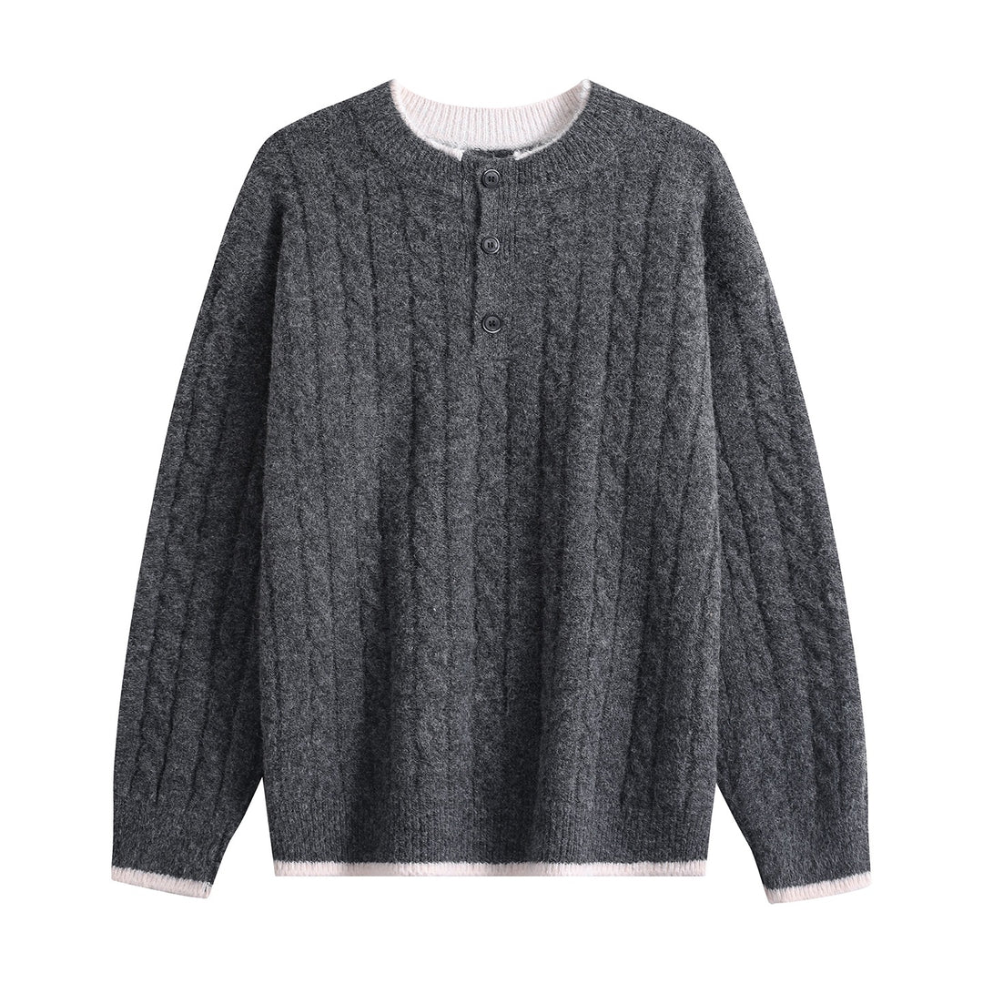 Damen Zopfmuster-Henley-Pullover mit Rundhalsausschnitt & Knopfleiste Drune