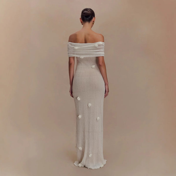 Damen Elegantes Maxikleid mit Off-Shoulder-Design und zarten 3D-Blütenapplikationen Drune