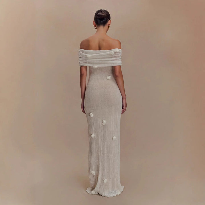 Damen Elegantes Maxikleid mit Off-Shoulder-Design und zarten 3D-Blütenapplikationen Drune