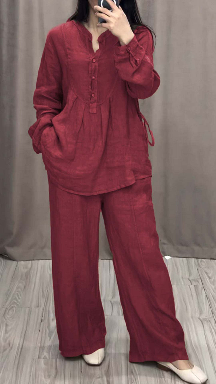 Damen nan lässiges Leinen-Set Tunika mit weitem Bein, Knopfleiste und Seitentaschen Drune