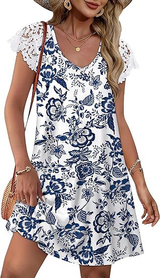 Damen Sommerkleid mit eleganten Spitzenärmeln und floralem Muster Drune