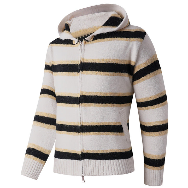 Herren Flauschige Kapuzen‑Strickjacke mit Doppelreißverschluss, Rippbündchen und horizontalem Streifenmuster Drune