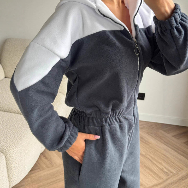 Damen gemütlicher Fleece-Overall mit Kapuze, durchgehendem Reißverschluss und elastischen Bündchen Drune