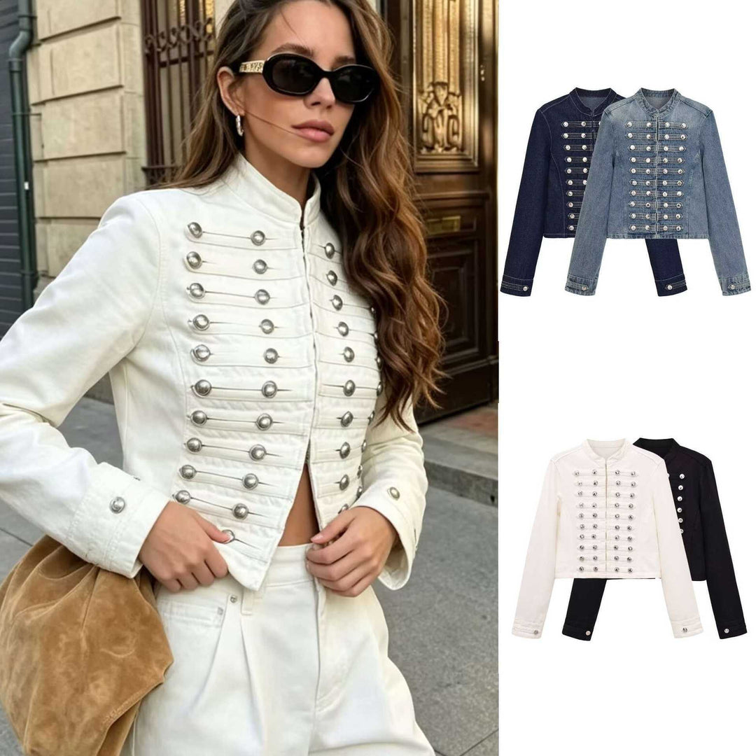 Damen Jeansjacke im Military‑Stil mit Reihenknöpfen und Stehkragen Drune