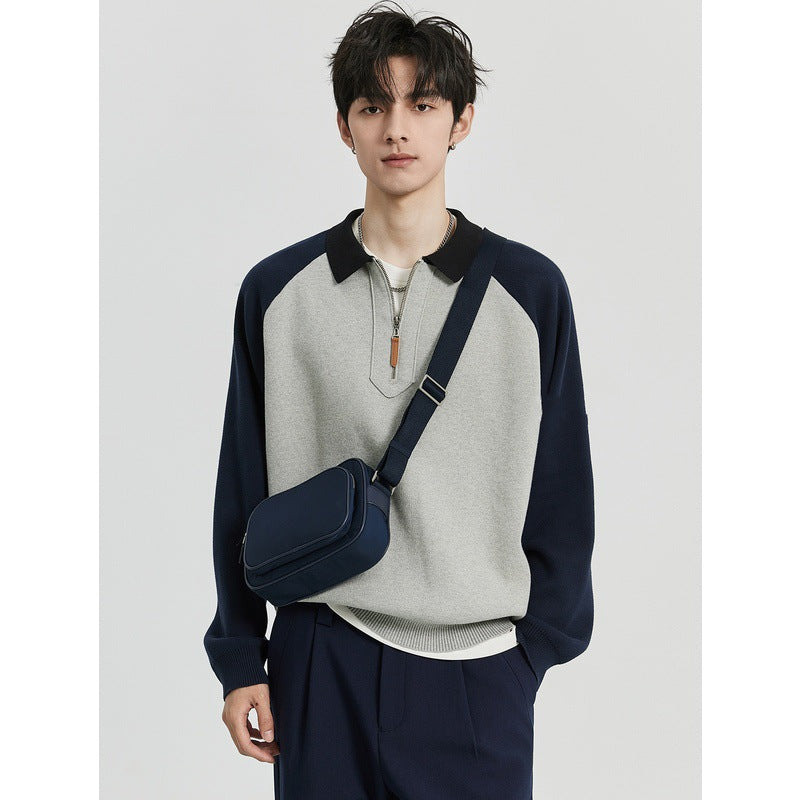 Herren Halbzip-Pullover mit Polokragen und Colourblock-Ärmeln Drune
