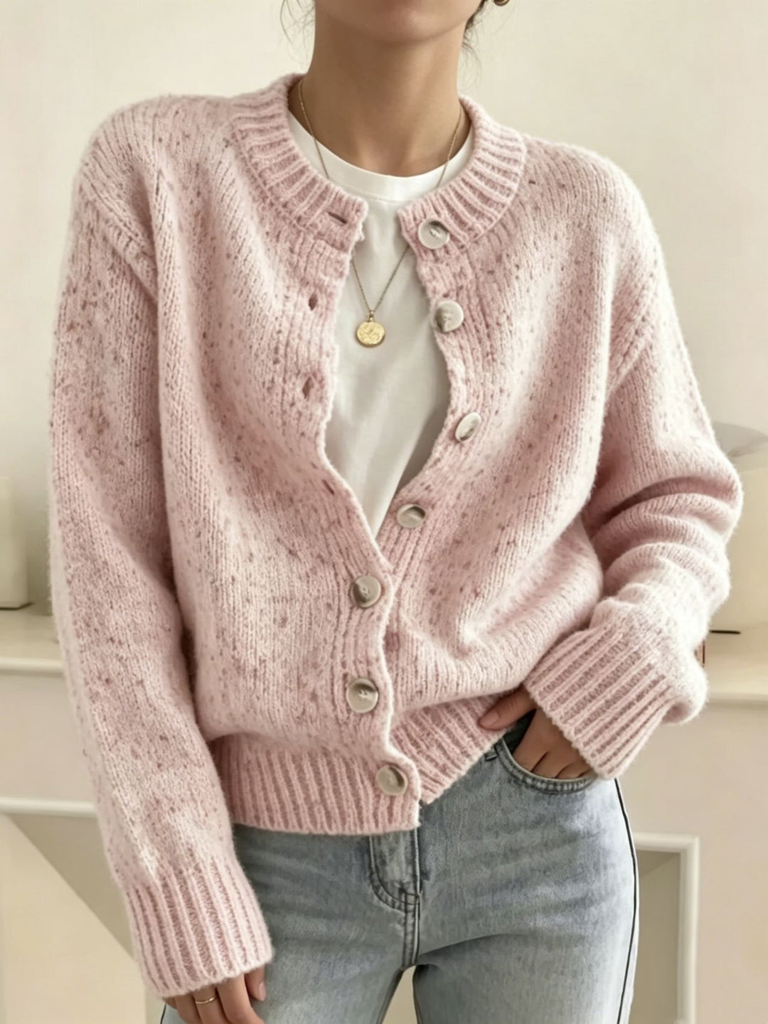 Damen Grobgestrickter Kurzcardigan mit Rundhalsausschnitt und meliertem Tweed-Effekt Drune