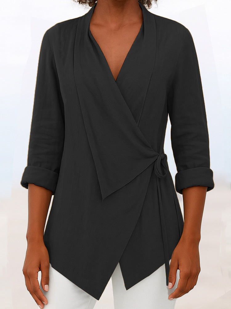 Damen Asymmetrische Wickelbluse mit Schalkragen und 3/4-Ärmeln Drune
