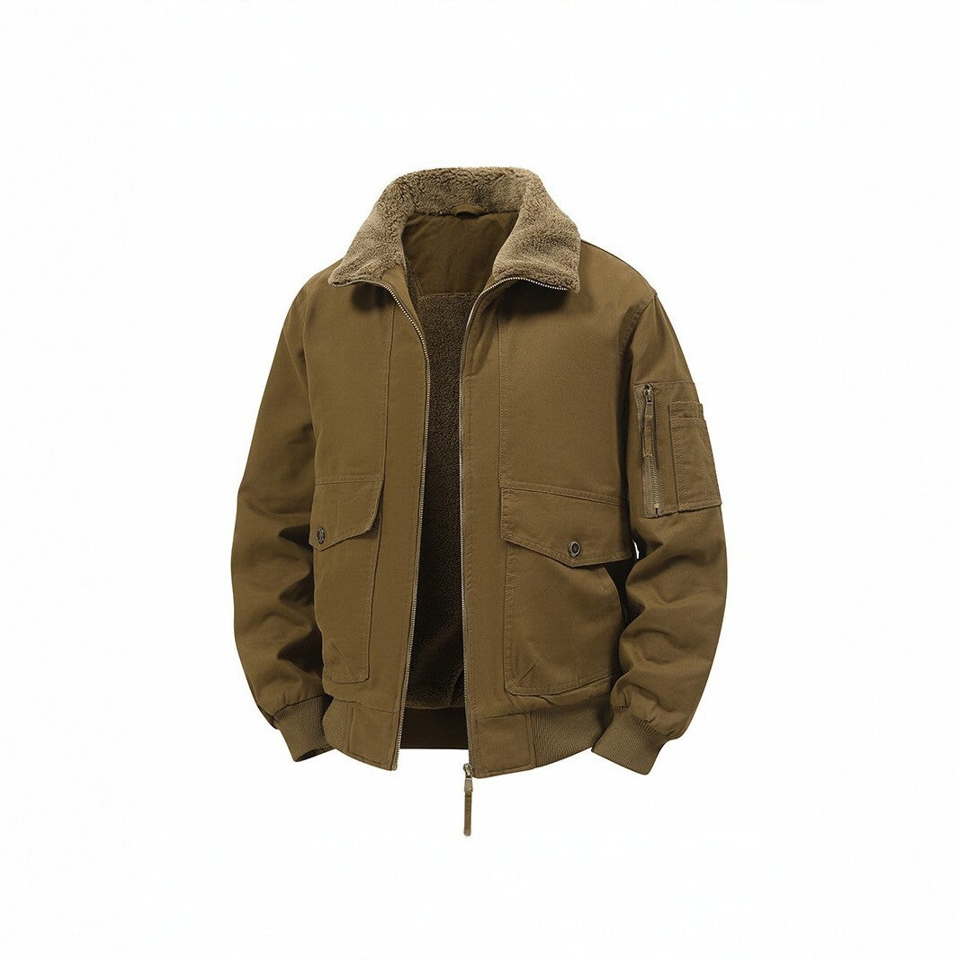 Herren Militärisch inspirierte Thermo-Bomberjacke mit Teddy‑Futter, Ärmeltasche und Druckknopf‑Klappentaschen Drune