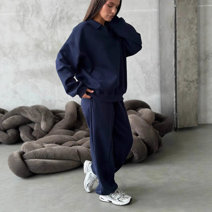 Damen Relaxed Polo-Sweatshirt mit V‑Notch und geraffter Tunnelzug-Jogginghose Drune