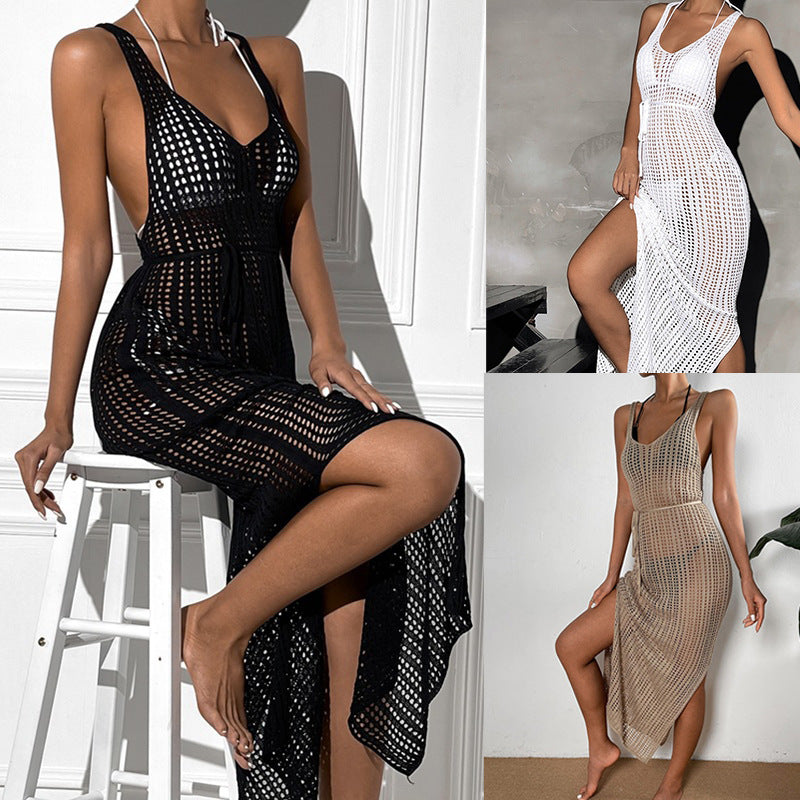 Damen gehäkeltes Maxikleid mit tailliertem Schnitt und seitlichem Kordelzug Drune