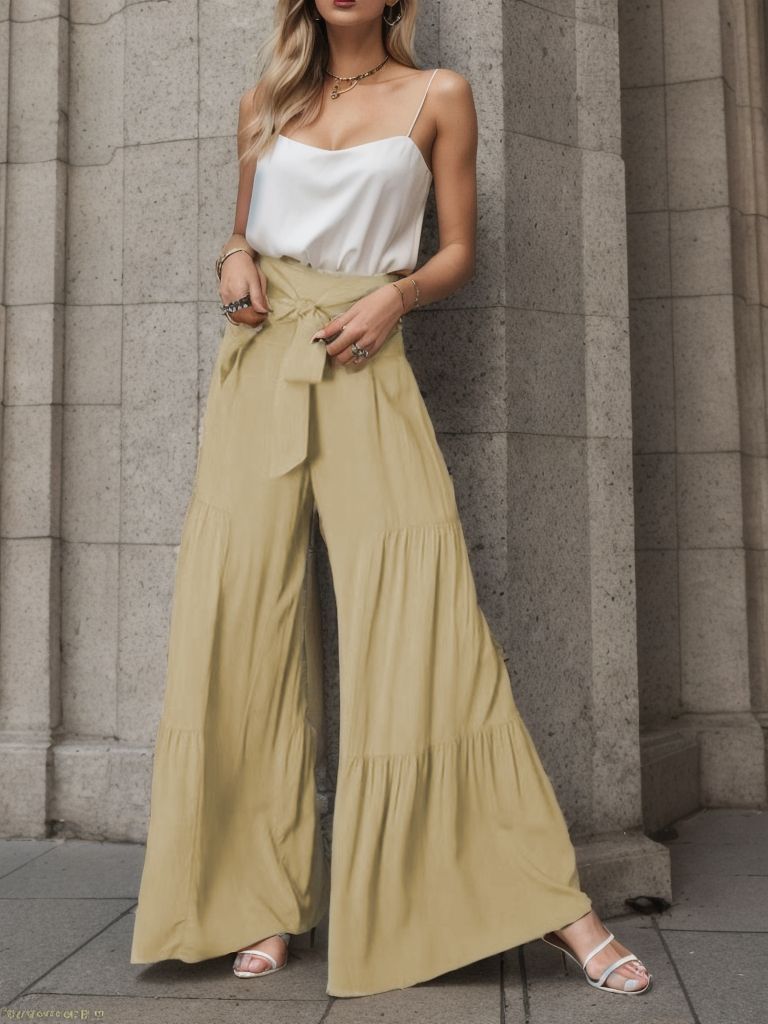 Damen weite High-Waist Hose mit eleganten Falten und Bindegürtel Drune