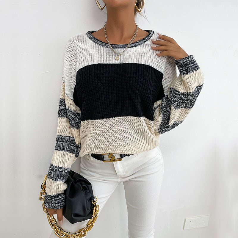 Damen Oversize Strickpullover mit grobem Rippstrick, Blockstreifen und weitem Rundhalsausschnitt Drune
