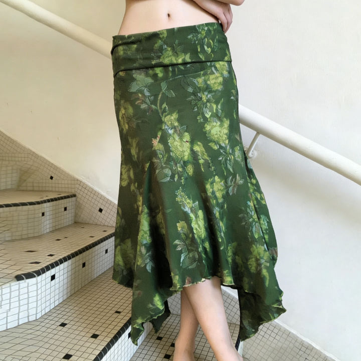 Damen asymmetrischer Maxi-Rock mit floralen Akzenten und elastischem Bund Drune
