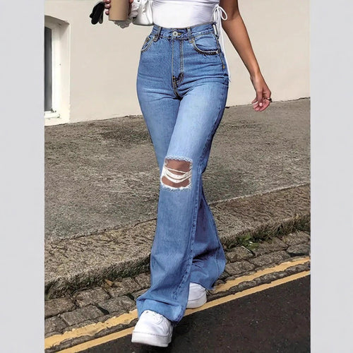 Damen Hochtaillierte Flared-Jeans im Retro-Schnitt mit Knie-Rip und verlängertem Saum Drune