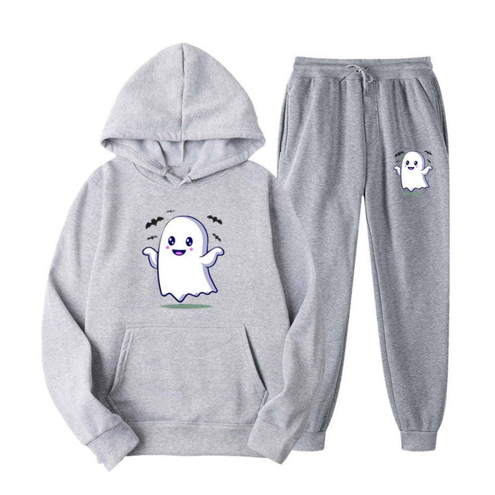 Unisex nan kuscheliger Kapuzenpullover und Jogginghose Set mit Halloween-Geistprint Drune