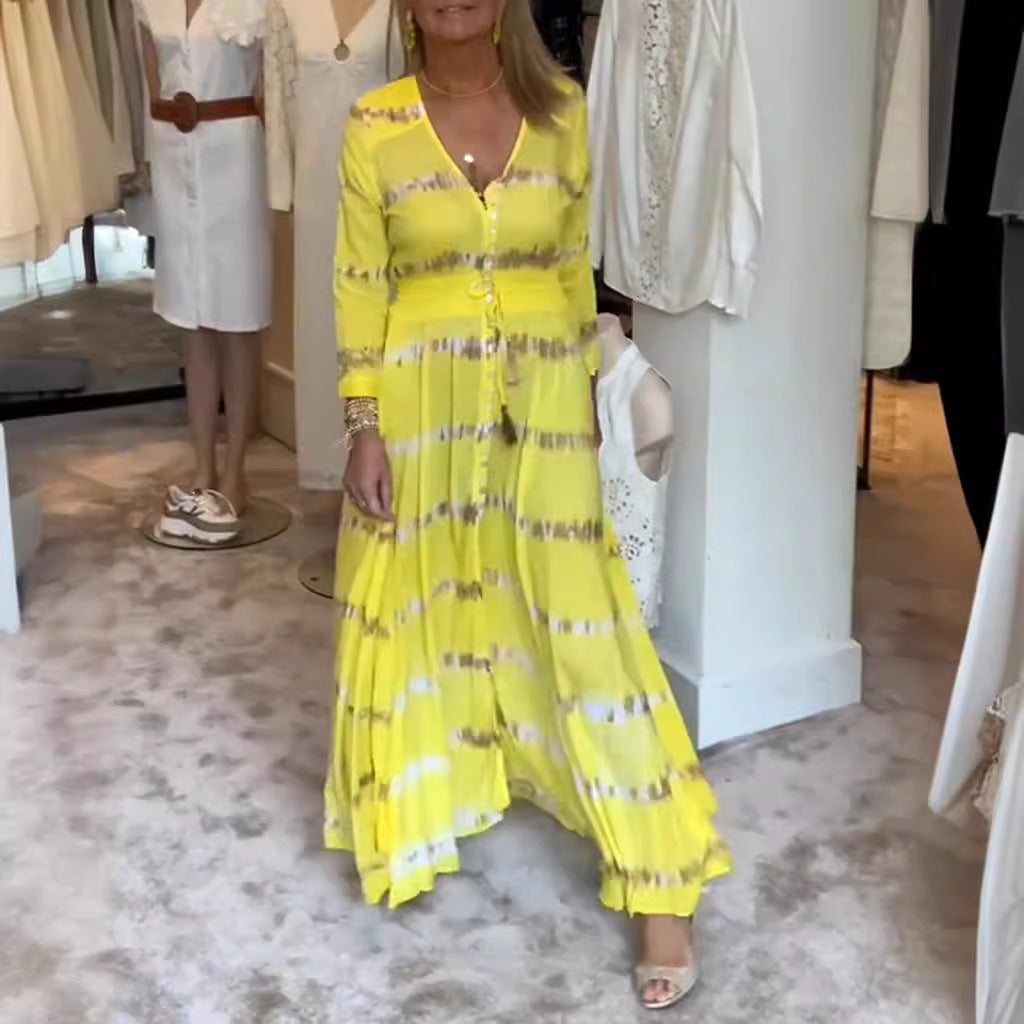 Damen nan fließendes Maxikleid mit V-Ausschnitt, durchgehender Knopfleiste, taillierendem Quastenband und plissiertem Rock Drune